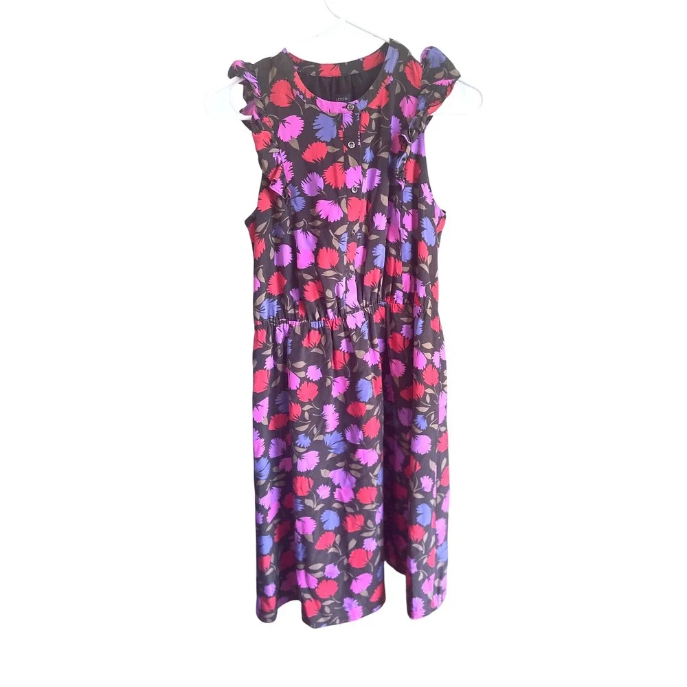 J.Crew Vibrant Floral Flutter Sleeve Black Silk Button Front‎ MIDI Dress  2